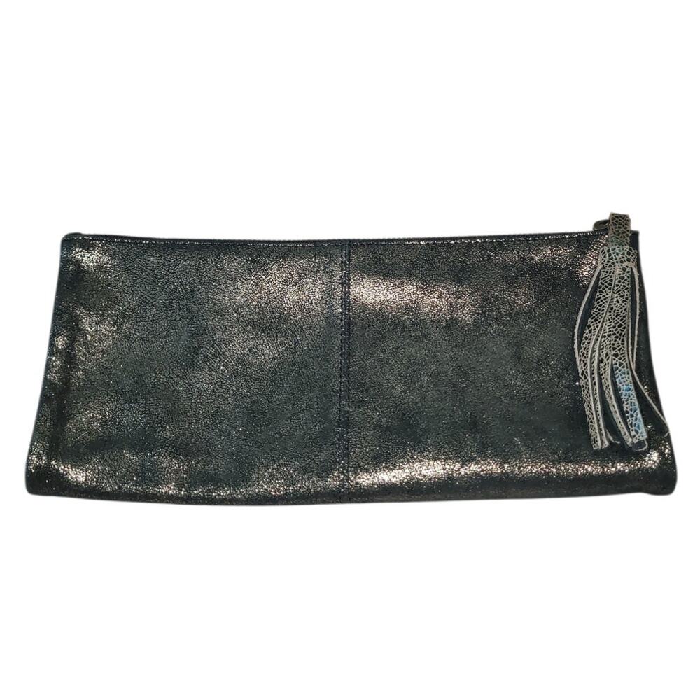 Jasper & Jeera Anthropologie Silver Metallic Leather Foldover Clutch Tassel
